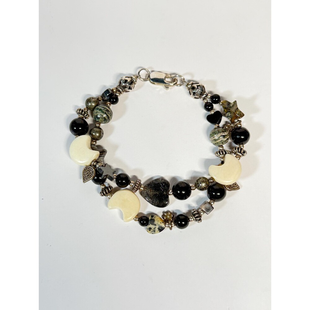 Sterling Silver Beaded Bracelet Moon Heart Mixed Stone 925 Celestial 7.25”